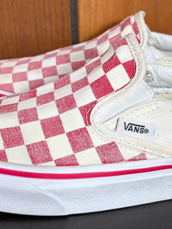 Vans Shoes - Vans Classic Slip-On Sneakers Checkerboard White and Red Womens Sz 9